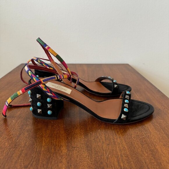 Valentino Garavani Shoes - Valentino Rockstud  Multicolored Accents Black Suede Sandals